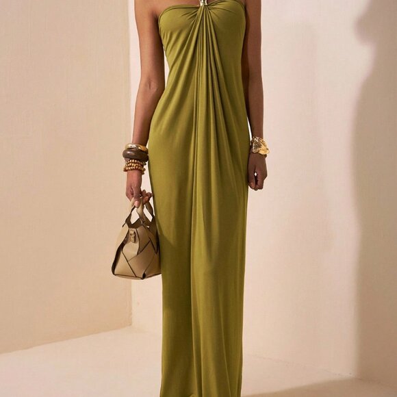 Army Green Casual Maxi Backless Evening Dress - Picture 6 of 8